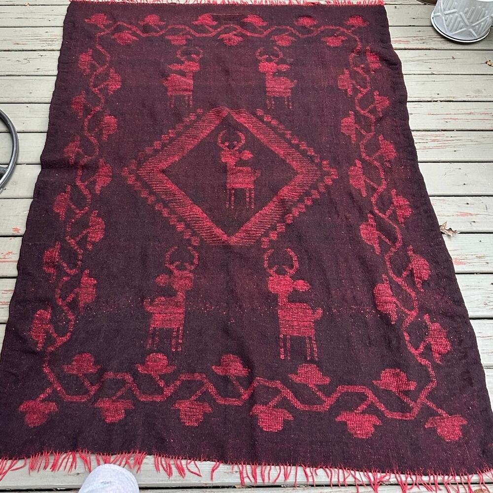 Vintage Folk Art Fringe Wool Blanket Aztec Southwestern Red Deer People 59”X82”